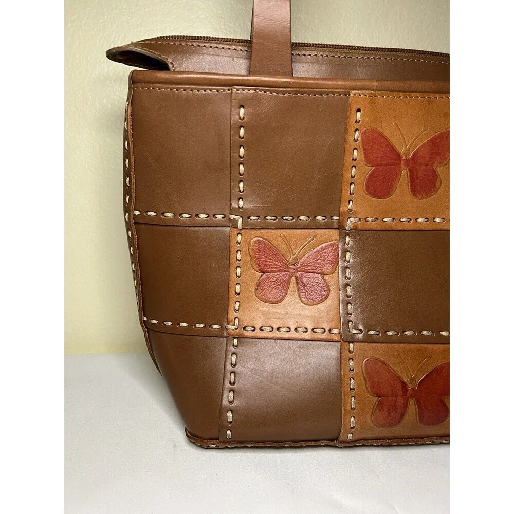 VTG ELLEPI BROWN LEATHER HANDMADE PATCHES M‎ ZIP SHOULDER HOBO/TOTE BAG, Italy